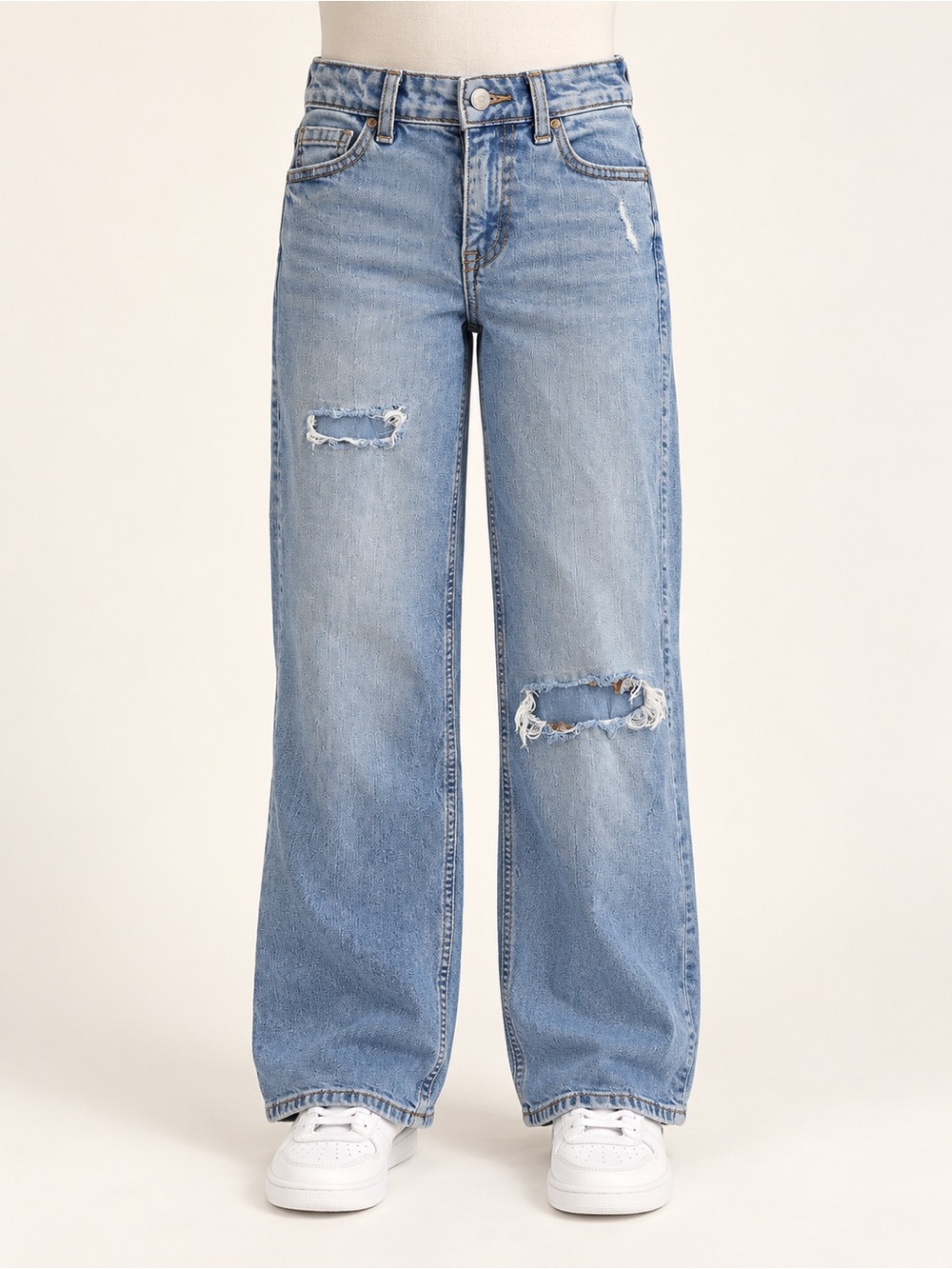 Abercrombie Kids Girls 11/12 Long High Rise Wide Leg Distressed Jeans Light Wash